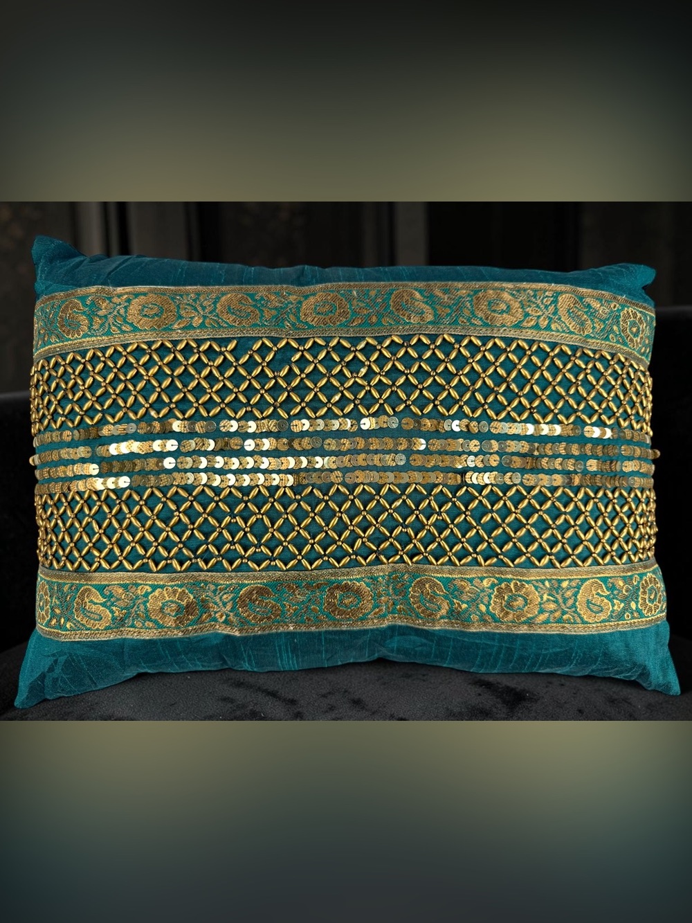 Pier 1 Imports Teal Gold Beaded Sequin Lumbar Throw Pillow 17x10 India